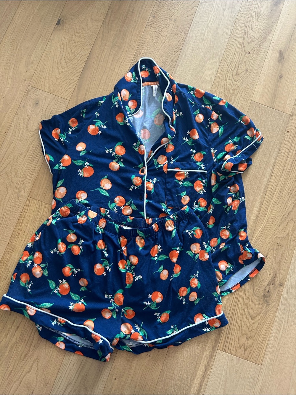 Women’s Navy Blue Orange Print Short Pajama Set